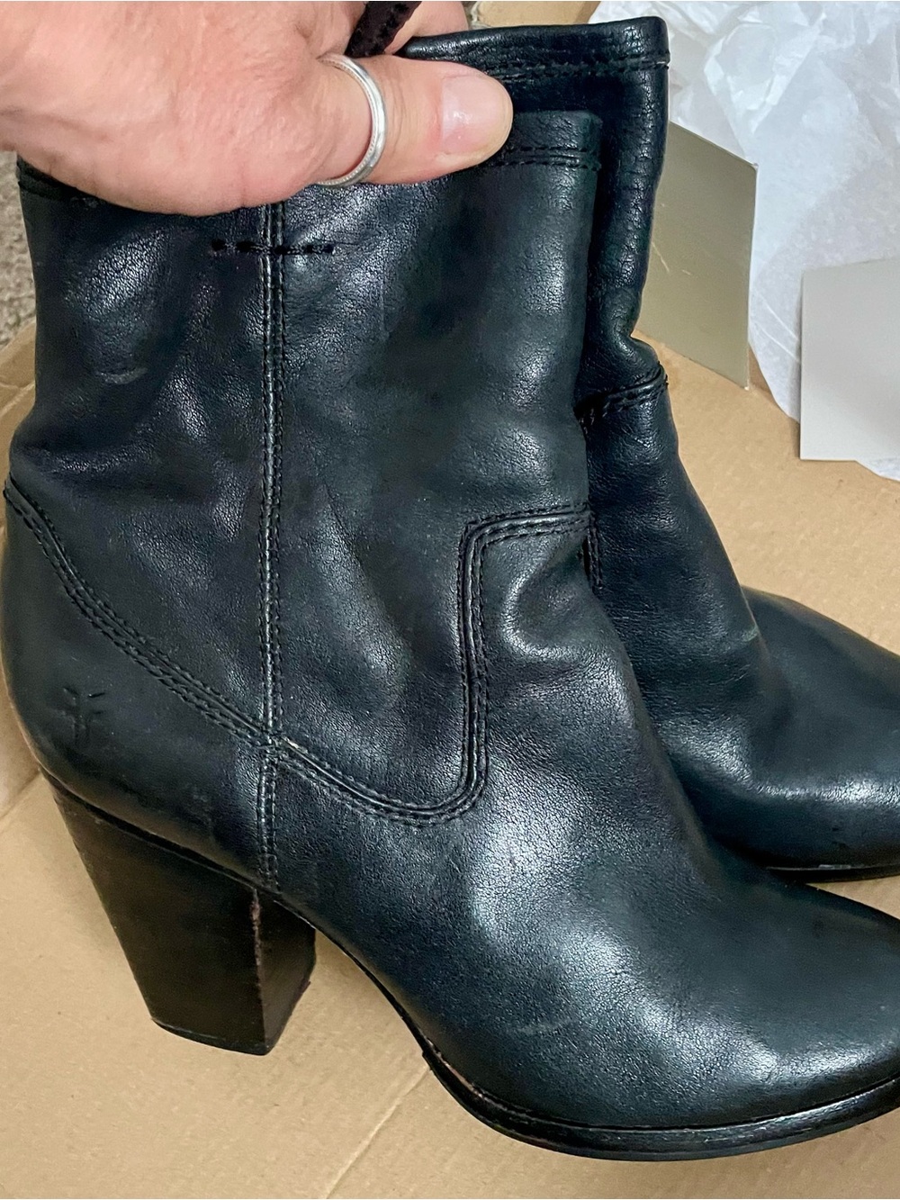 Frye Black Leather Mid-Heel Ankle Booties